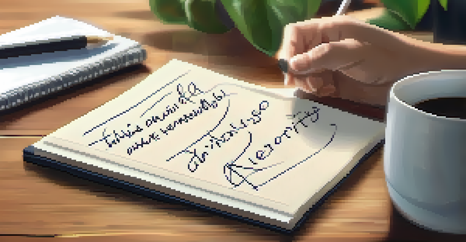 A hand writing core values on a notepad with keywords like integrity and kindness, set in a cozy workspace.