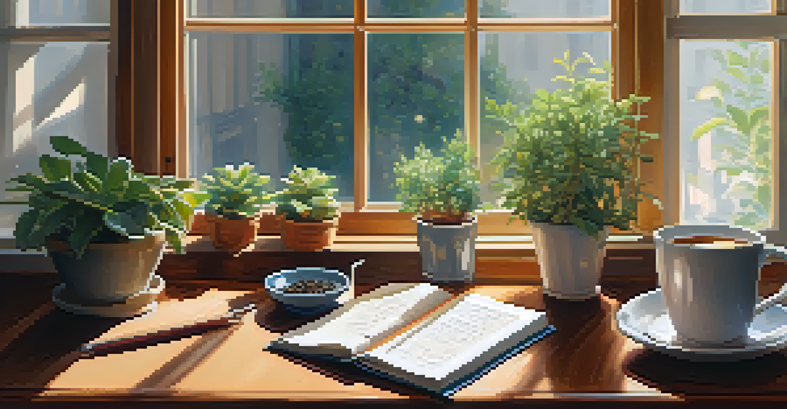 A wooden desk with an open journal, potted plants, and a cup of tea, bathed in soft natural light.