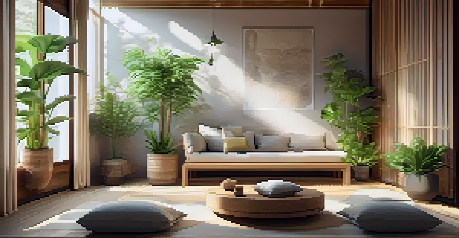 A peaceful Zen corner with cushions, plants, and a water feature, illuminated by natural light.