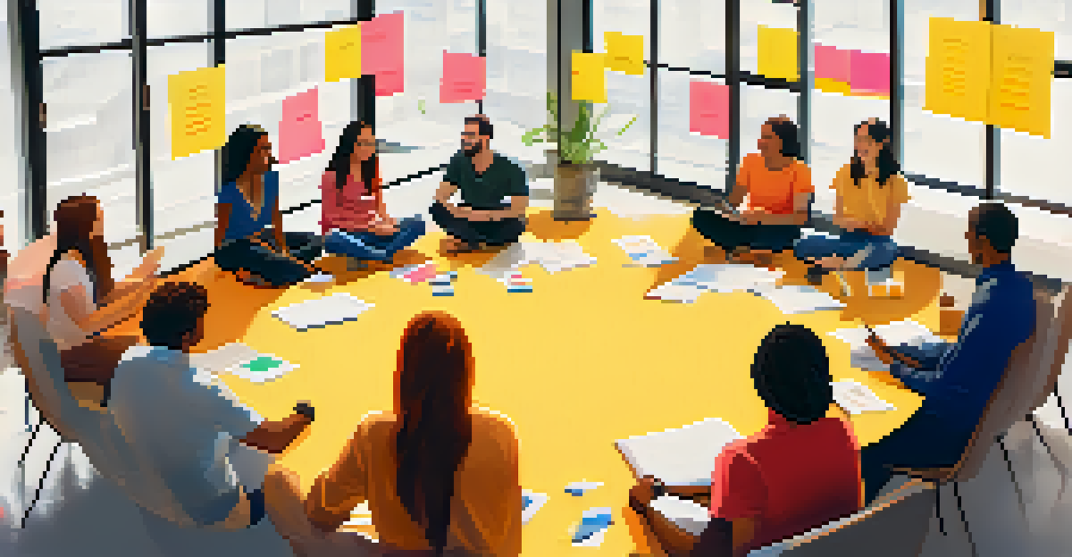 A diverse group of people in a circle engaged in a team-building workshop, smiling and collaborating together.