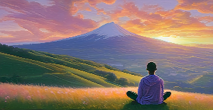 A person meditating on a grassy hilltop during sunset, with a colorful sky and soft clouds.