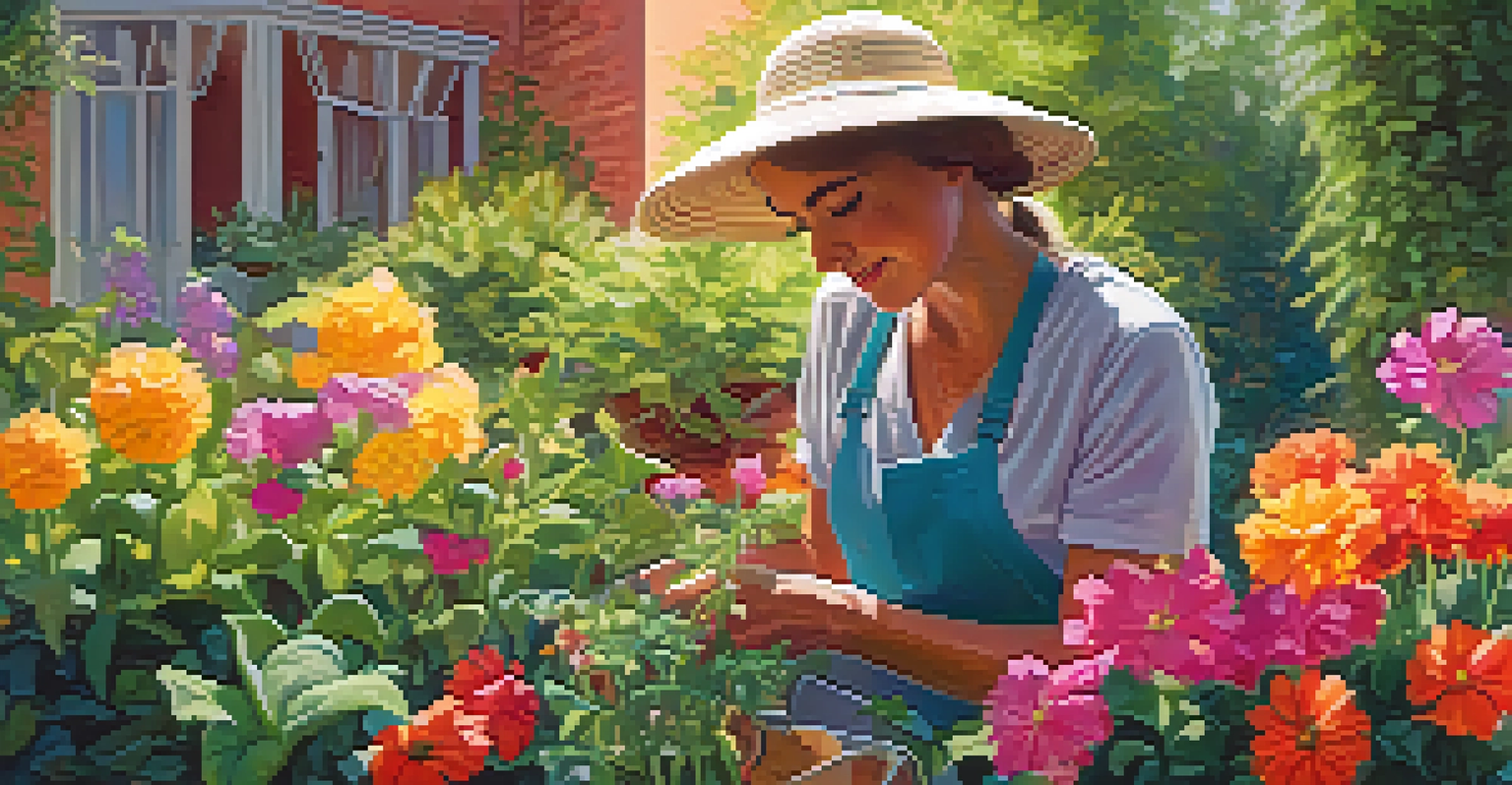 A gardener in a sunny garden nurturing a flourishing plant, surrounded by colorful flowers, symbolizing growth and resilience.