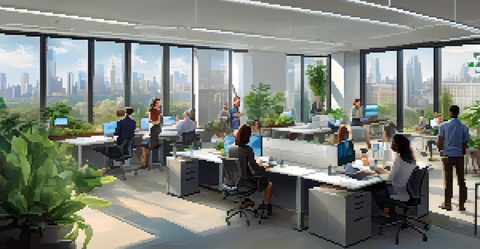A vibrant office environment where employees are participating in learning activities, including virtual workshops and group collaborations, with a cityscape view outside.