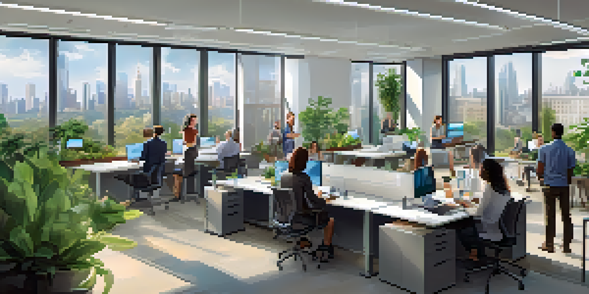 A vibrant office environment where employees are participating in learning activities, including virtual workshops and group collaborations, with a cityscape view outside.