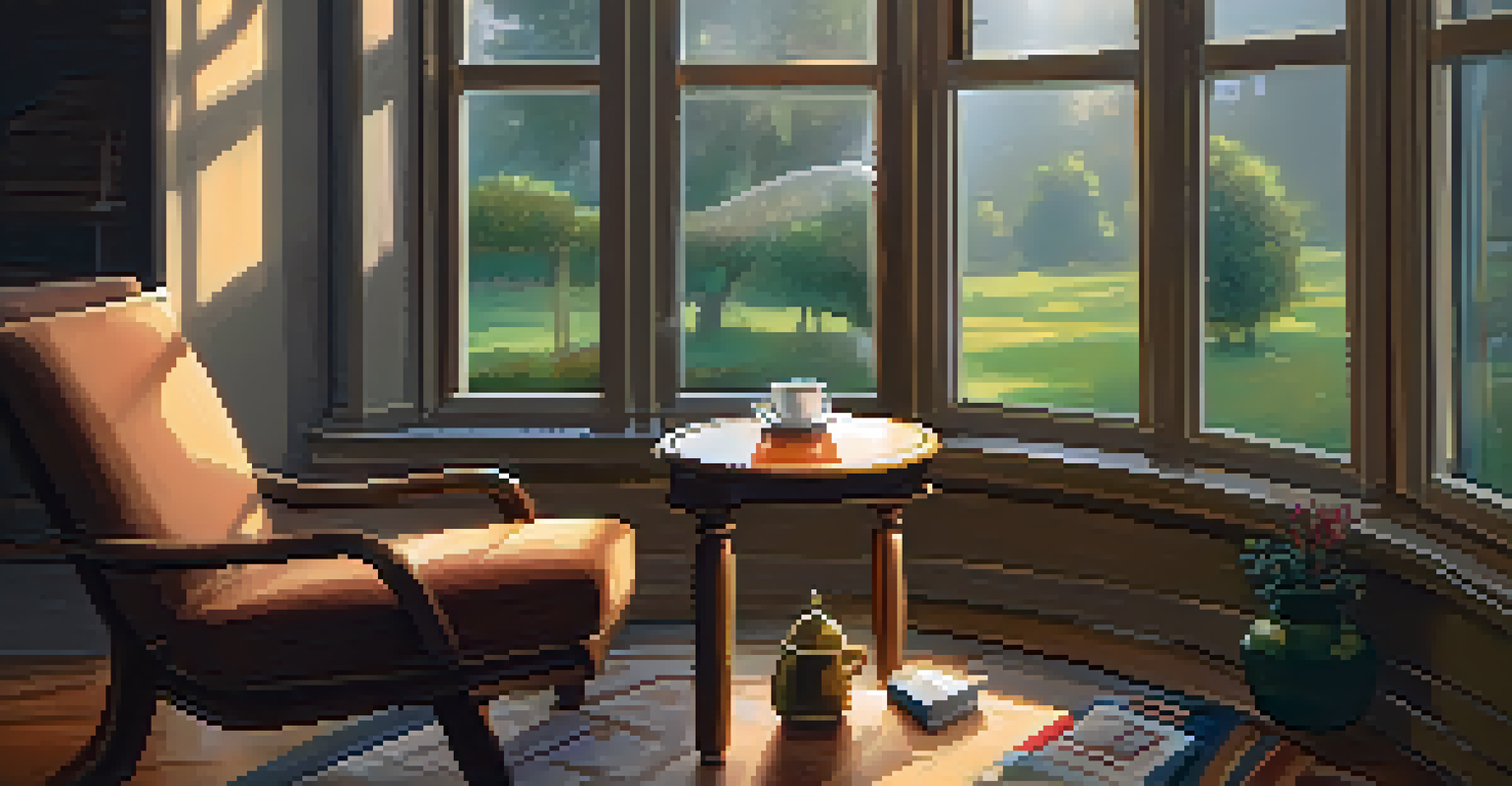 A warm reading nook with an armchair, a cup of tea, and a rainy window outside.