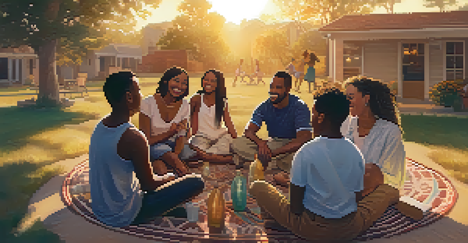 A group of friends sitting in a circle outdoors, engaged in conversation and laughter during sunset.