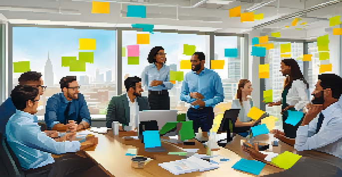 A diverse team brainstorming in a bright modern office with sticky notes on a whiteboard.