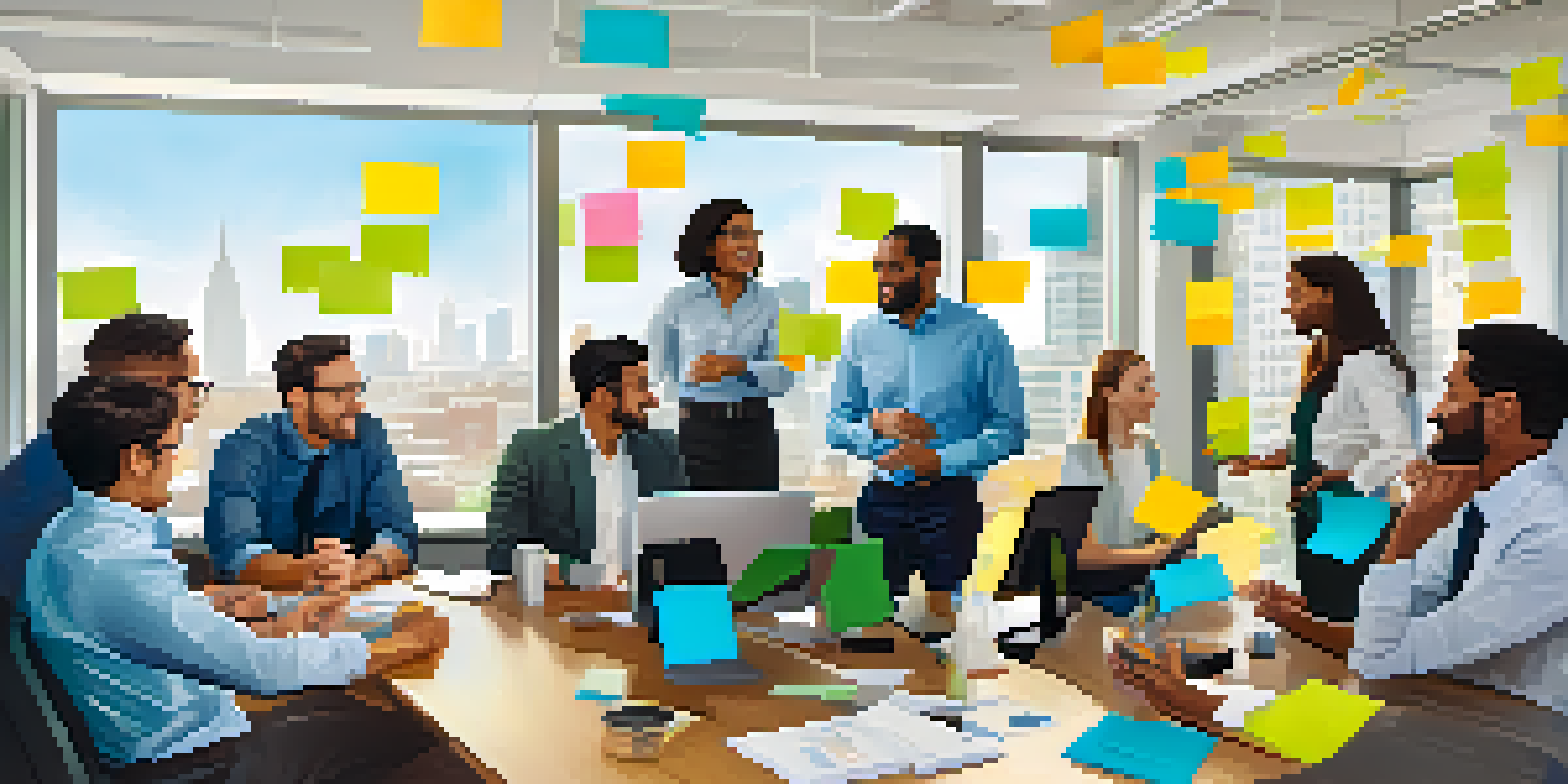 A diverse team brainstorming in a bright modern office with sticky notes on a whiteboard.