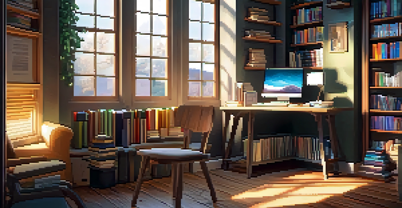A cozy workspace with a chair, bookshelf, and desk with a laptop and tea, illuminated by natural light from a window.