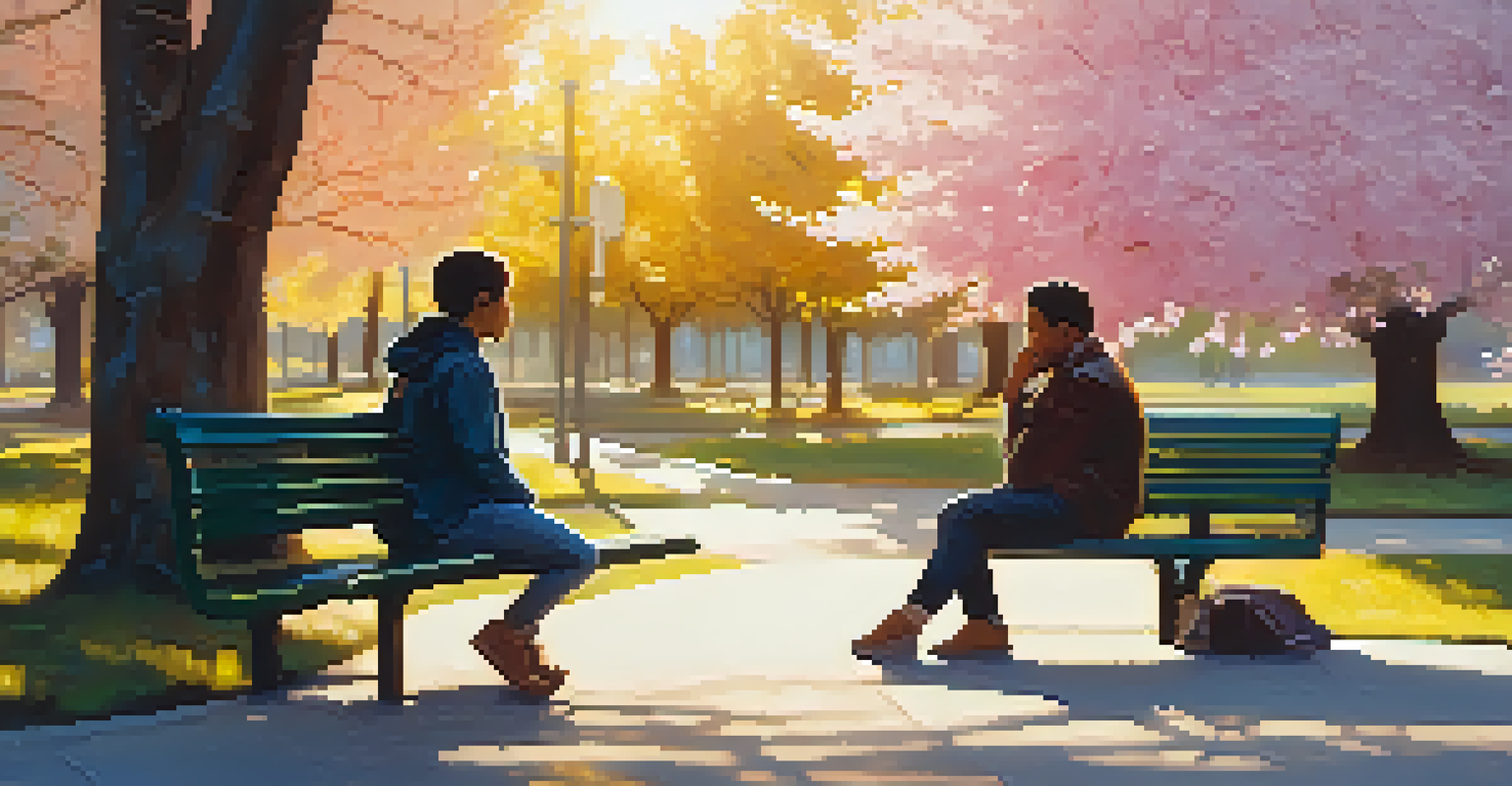 Two friends on a park bench, one sharing struggles while the other listens supportively, surrounded by blooming flowers in a warm sunset setting.