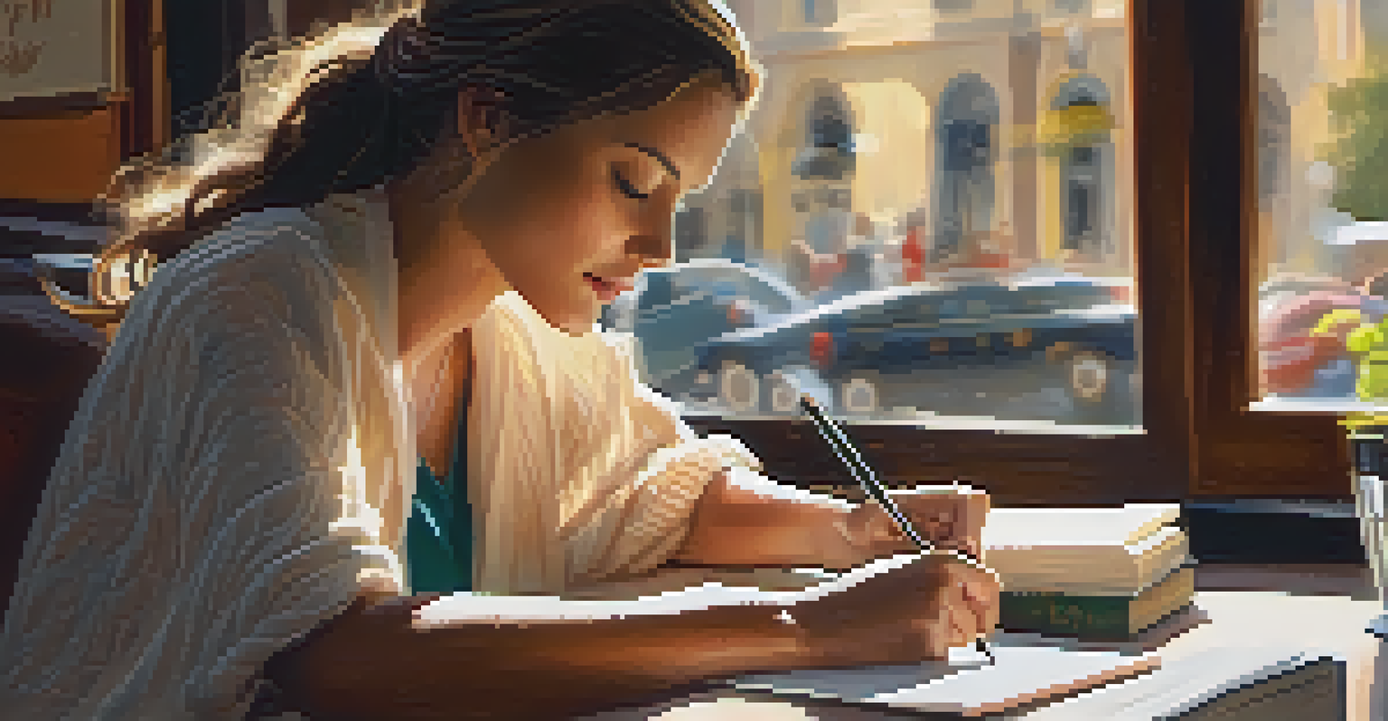 A person writing in a journal at a café, with sunlight filtering through the window.