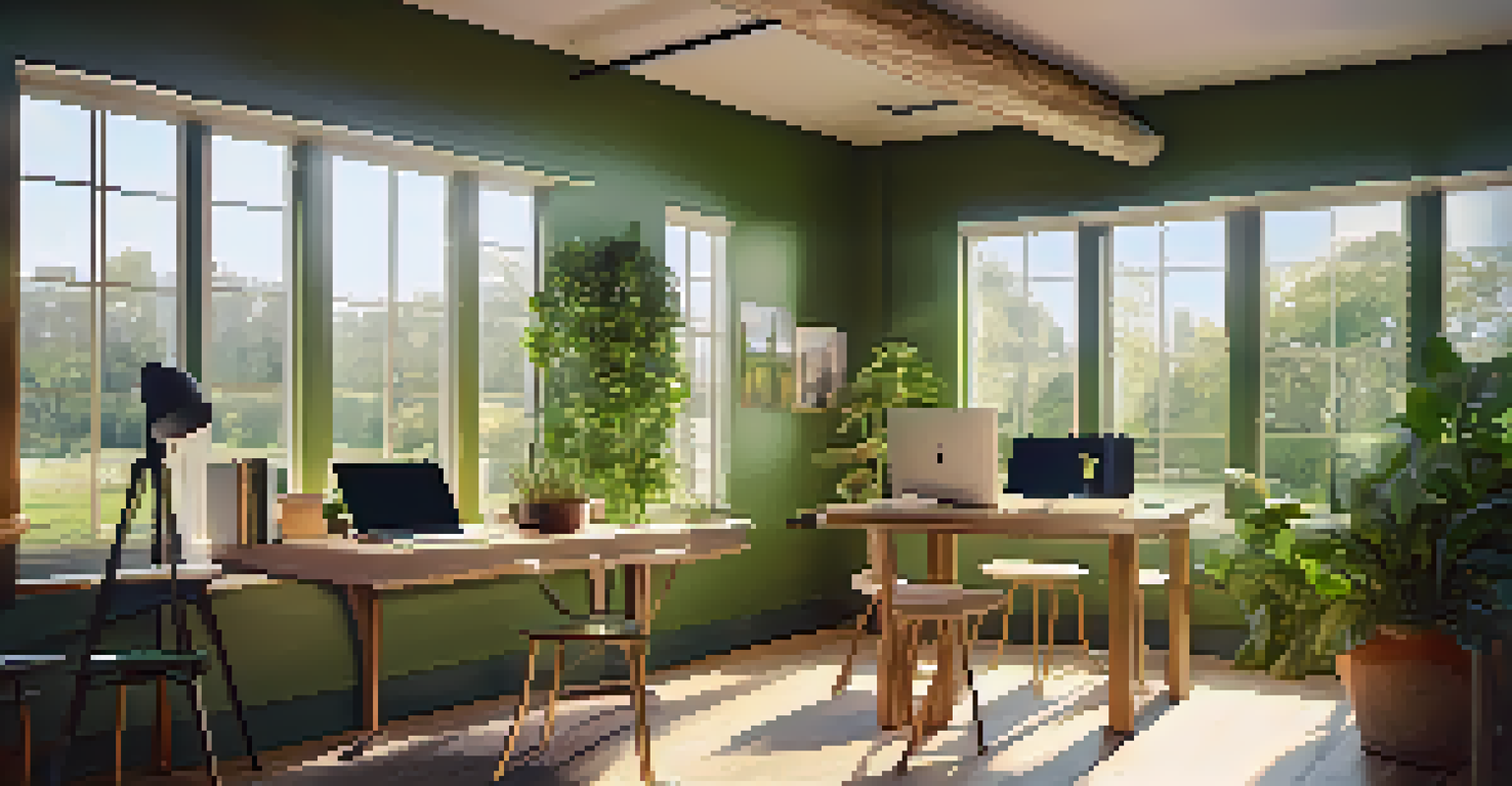 A cozy workspace with a round table, laptop, and coffee cup, featuring a view of a park through a large window.