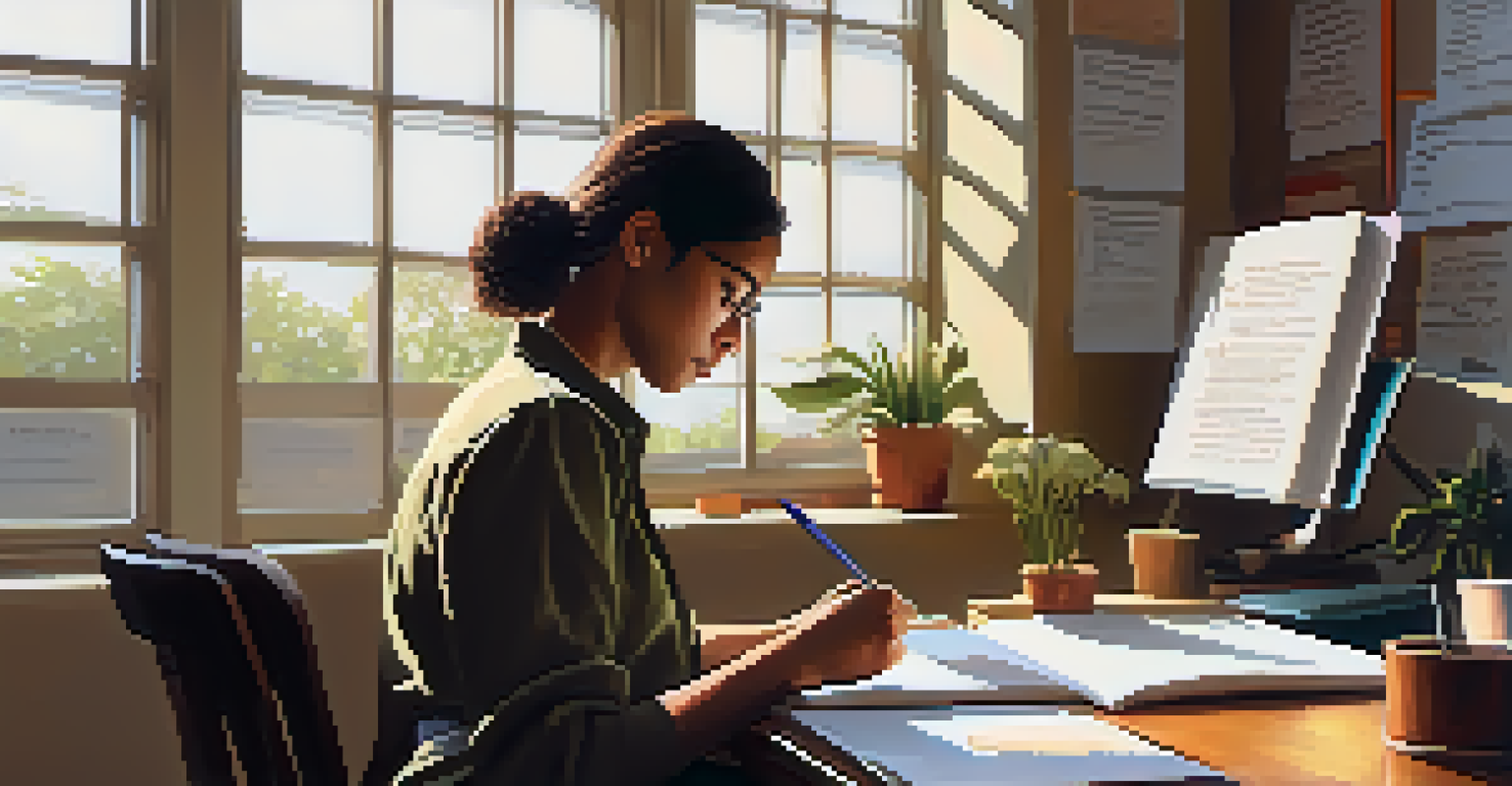 A person writing in a journal at a desk, surrounded by motivational quotes and softly lit by sunlight.