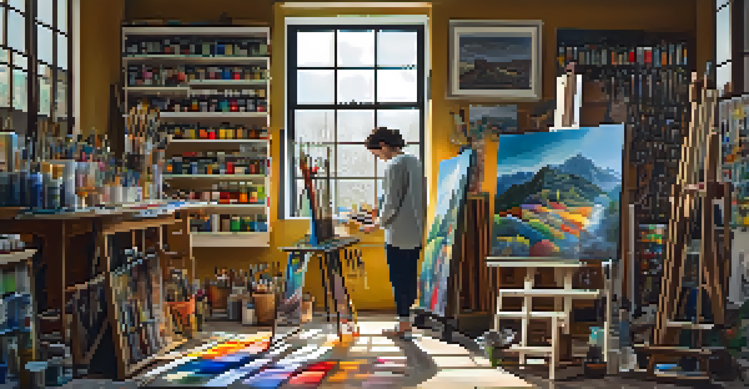 An artist's studio filled with colorful paints and a painter at work.