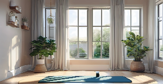 A peaceful indoor breathwork space with a yoga mat, soft lighting, essential oil diffusers, and plants.