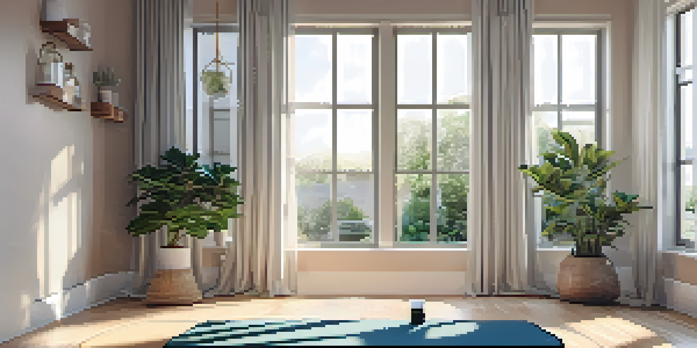 A peaceful indoor breathwork space with a yoga mat, soft lighting, essential oil diffusers, and plants.