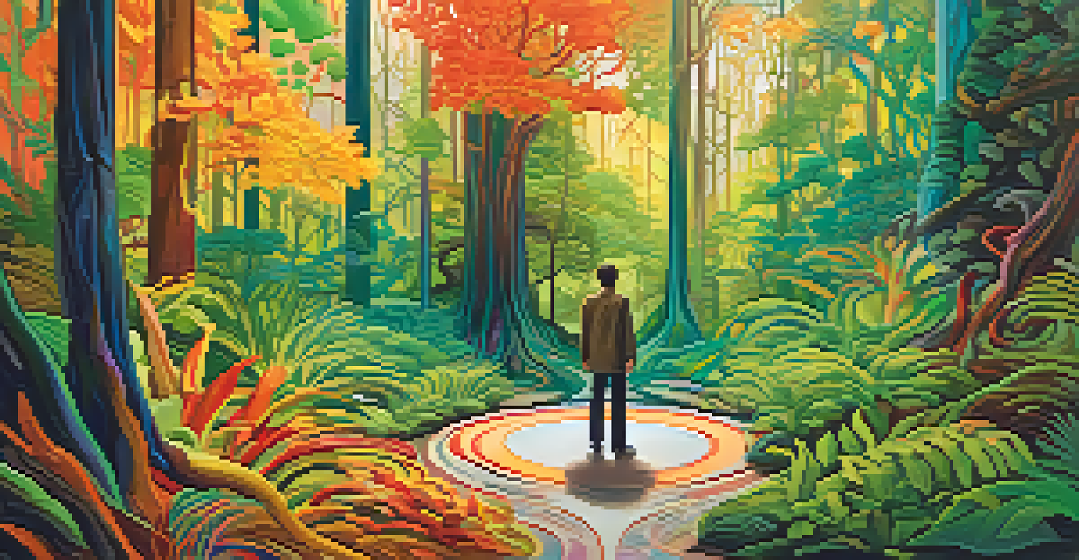 A figure at a split path in a forest, one side bright and warm, the other cool and muted, representing emotional decision-making.