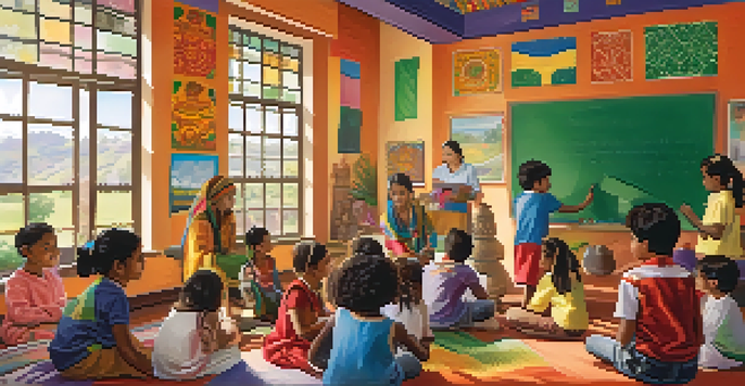 A diverse group of children in a classroom working together on a cultural festival project, with colorful decorations and sunlight streaming in.