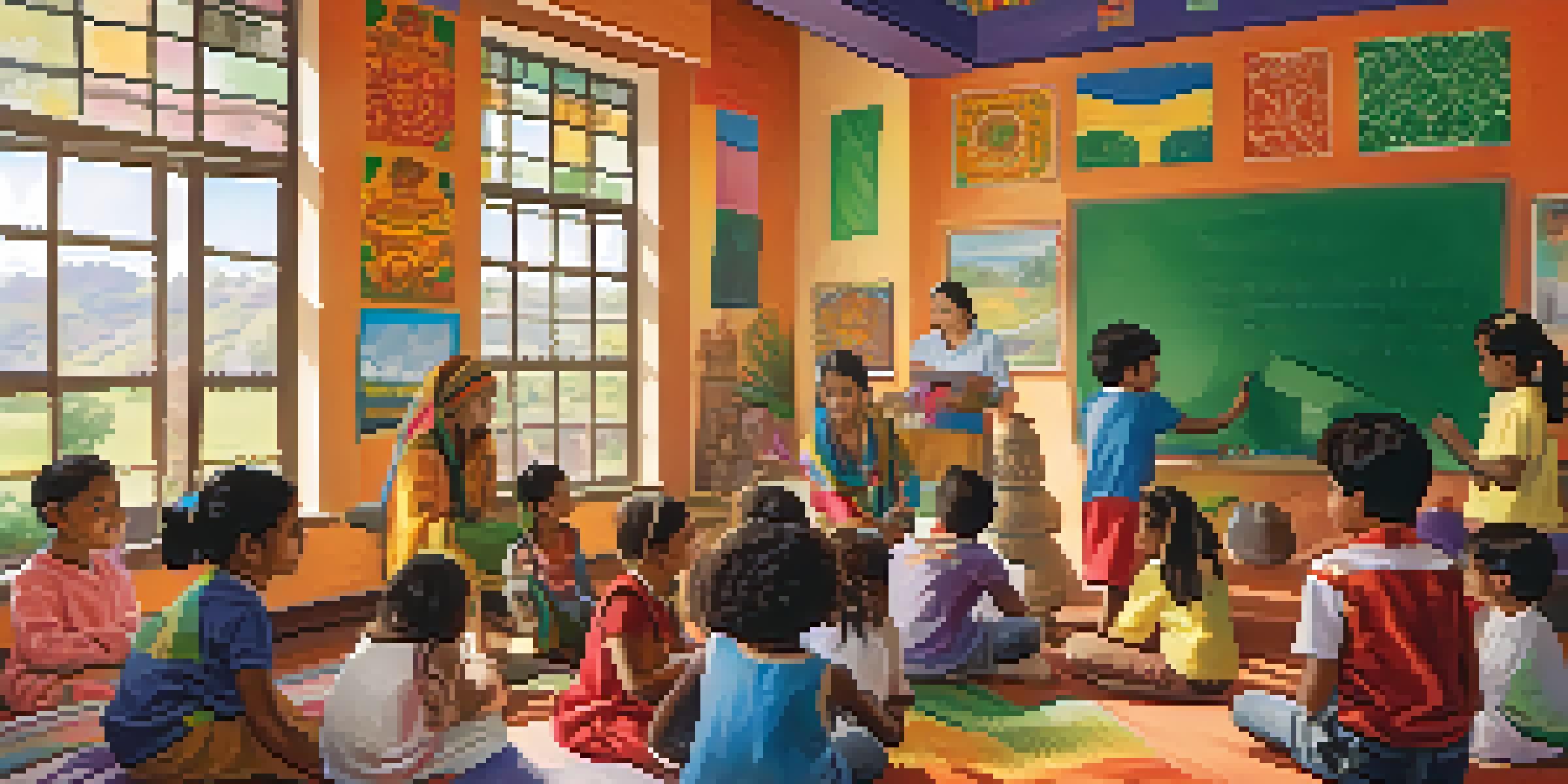 A diverse group of children in a classroom working together on a cultural festival project, with colorful decorations and sunlight streaming in.