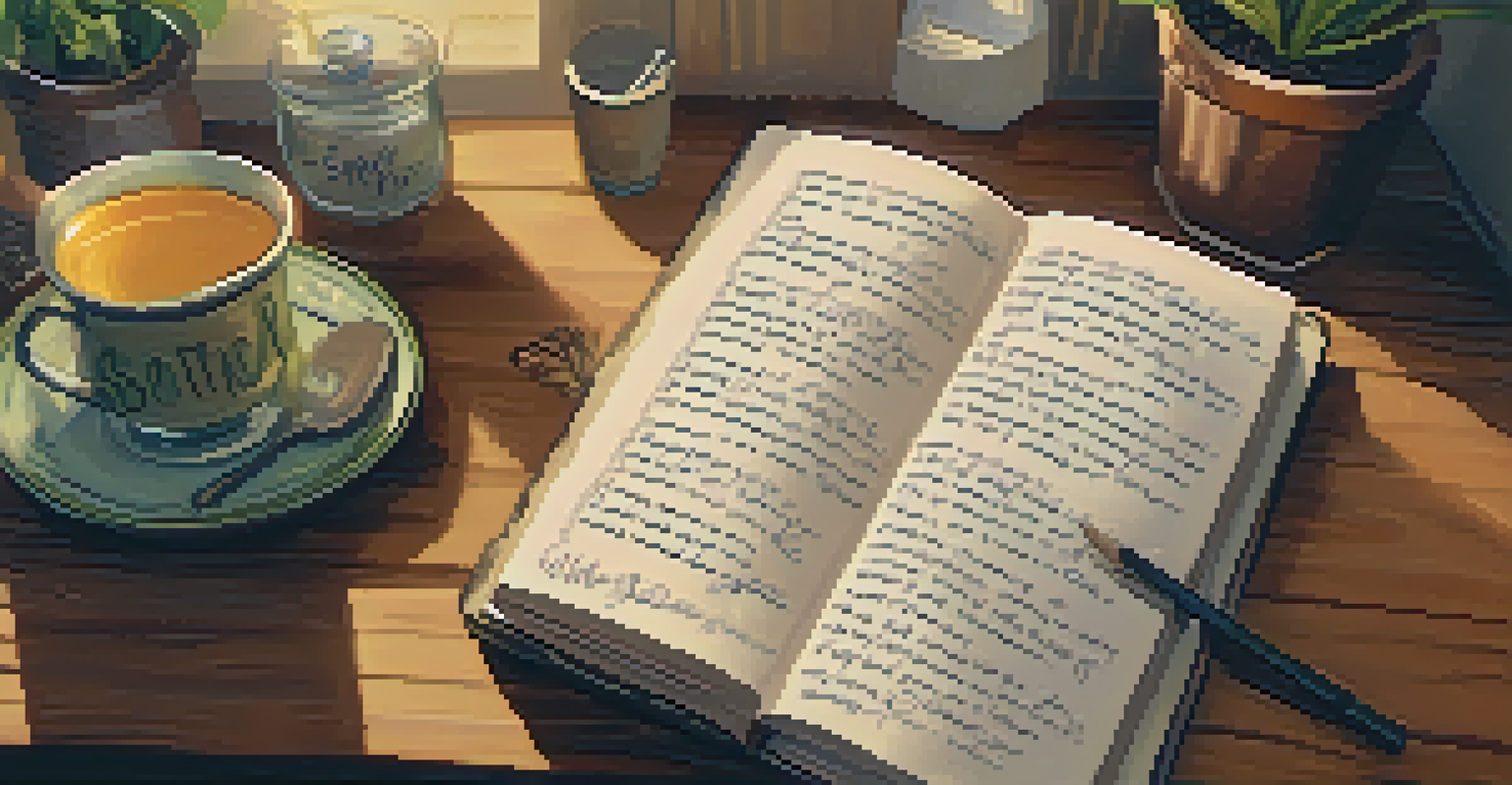 A hand writing affirmations in a journal with a cup of herbal tea beside it, in a softly lit workspace.