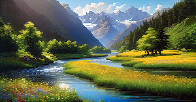 A peaceful river in a green valley with mountains in the background, enhanced by sunlight and blooming wildflowers.