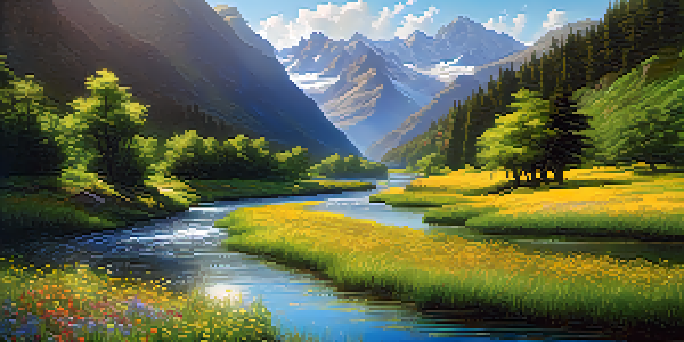 A peaceful river in a green valley with mountains in the background, enhanced by sunlight and blooming wildflowers.