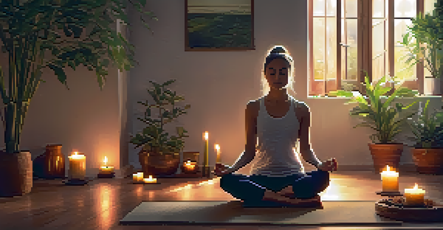 A person meditating in a tranquil room, surrounded by plants and candles, symbolizing mindfulness and relaxation.