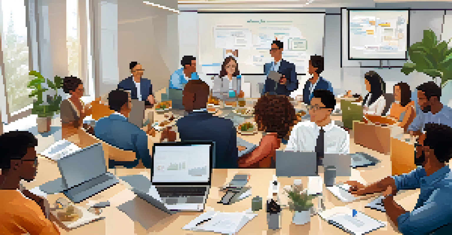 An aerial perspective of employees actively participating in a lunch-and-learn session, sharing ideas and notes around a table filled with laptops and snacks.