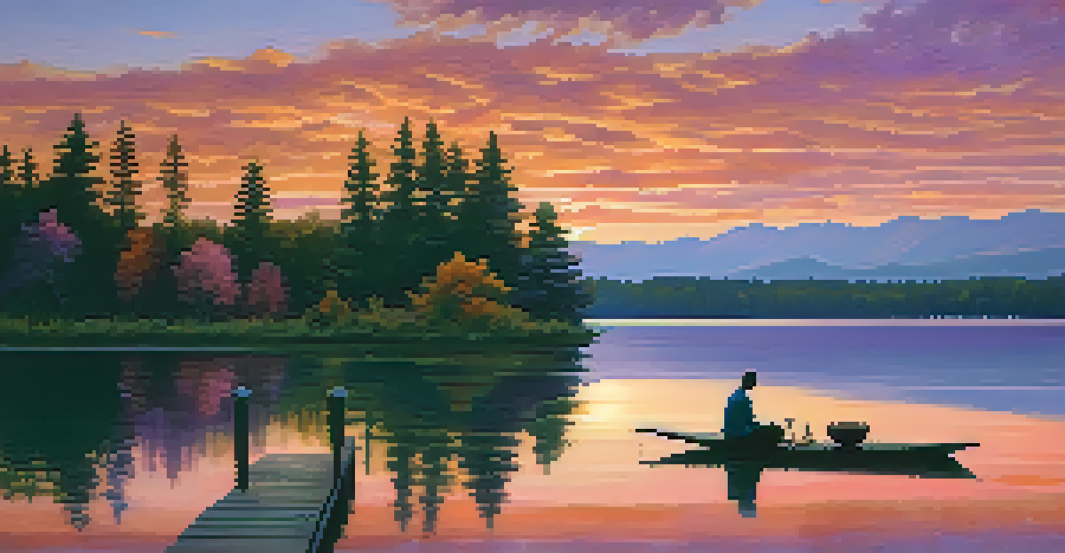 A person journaling on a dock by a serene lake at sunset, with colorful reflections in the water.