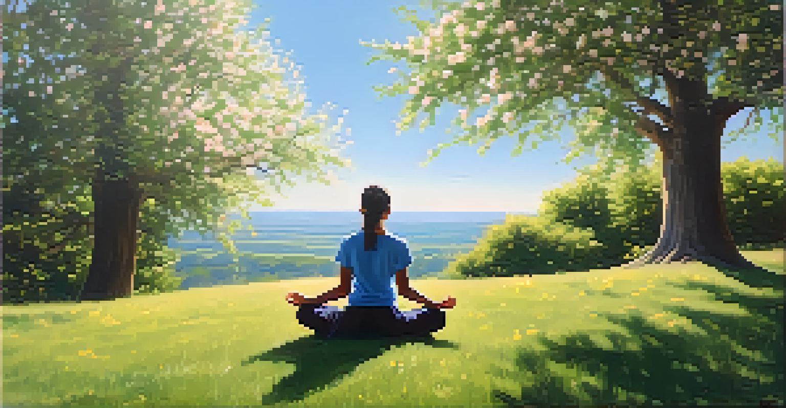 A person meditating on a hill surrounded by flowers and trees, enjoying a peaceful outdoor setting for mindfulness.