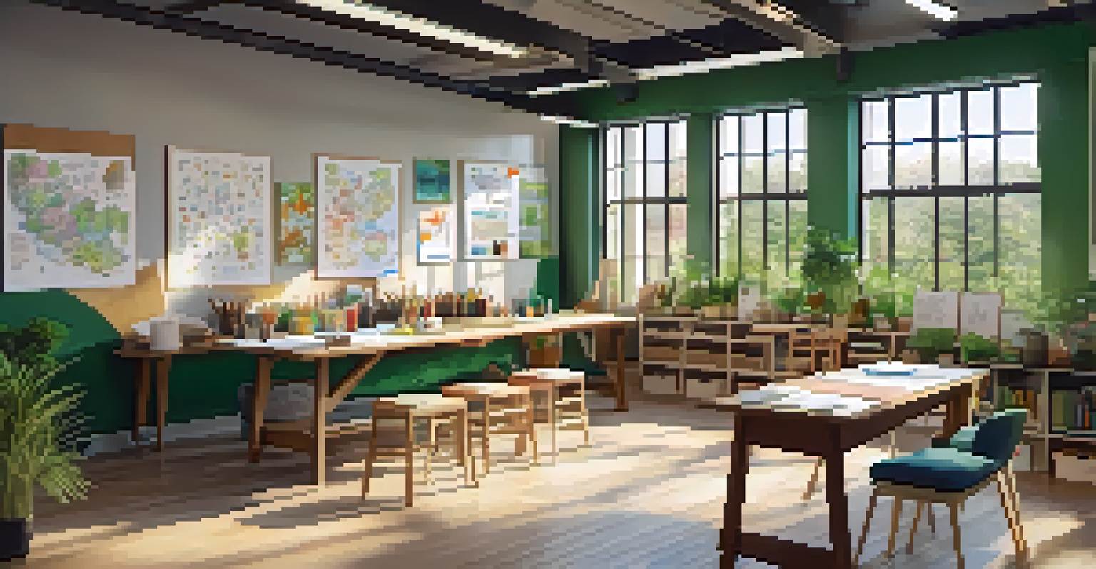 A cozy workshop space with art supplies and flip charts, designed for collaboration and creativity.