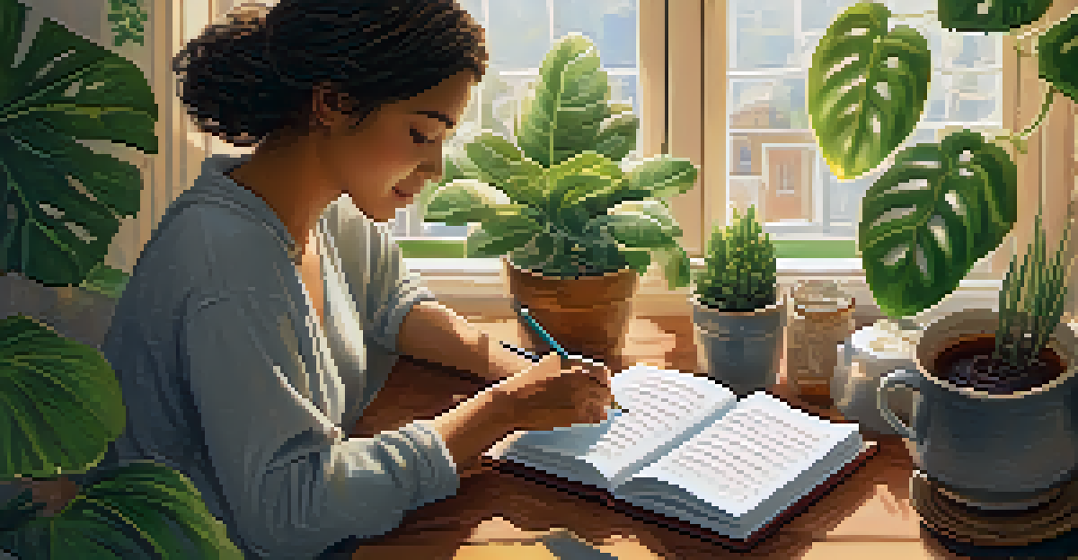 A person writing in a journal with a cup of tea beside them in a cozy, plant-filled room.