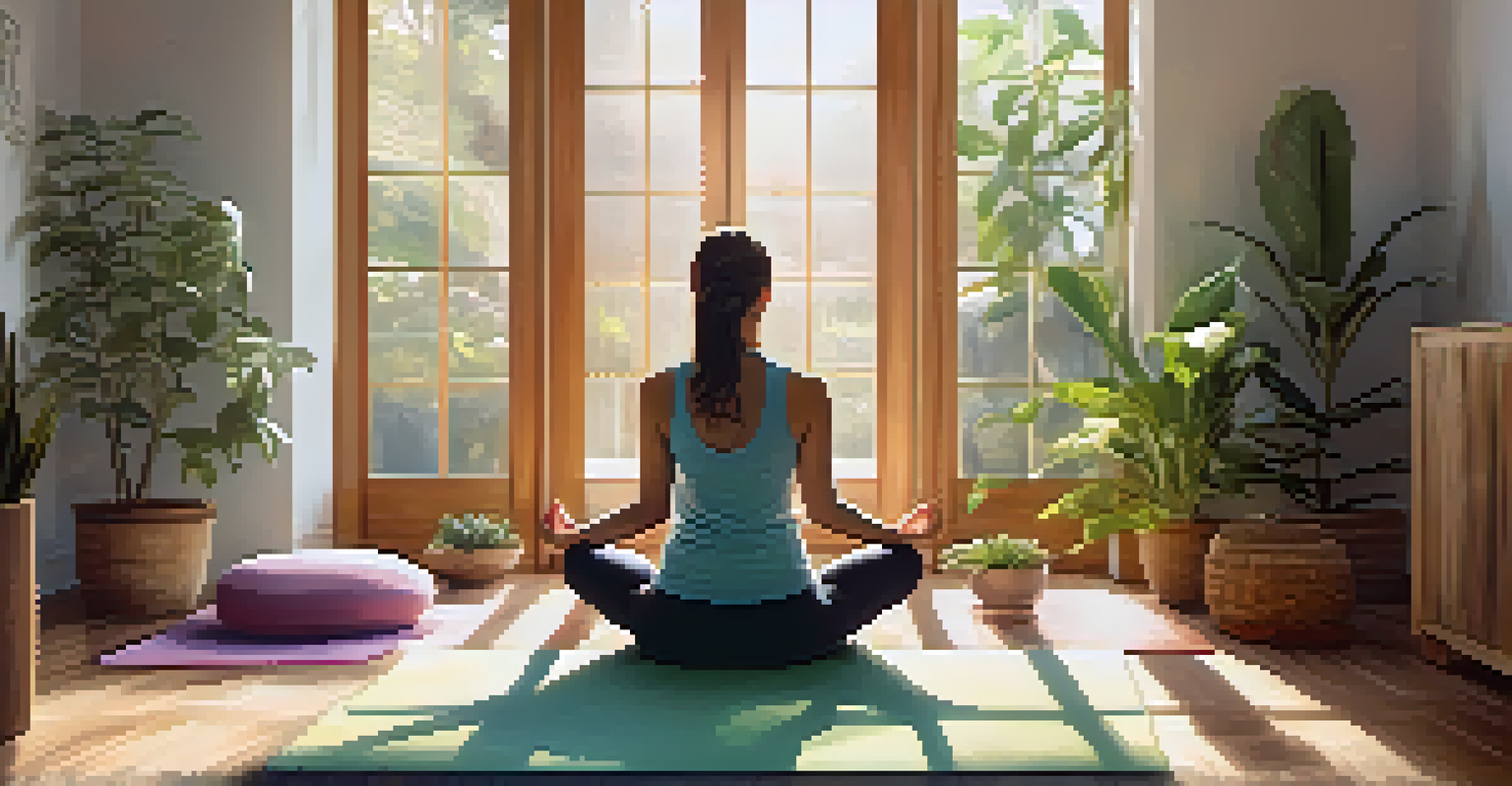 A person meditating on a yoga mat in a sunlit room filled with plants and calming decor, promoting mindfulness and tranquility.