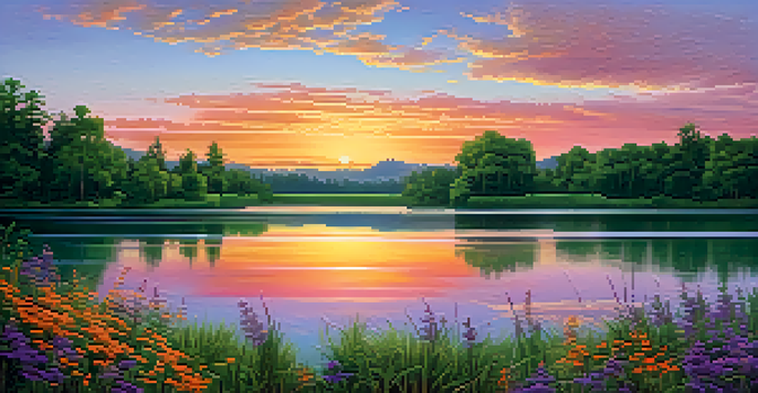 A tranquil lake at sunset, surrounded by trees and wildflowers, with colorful skies.