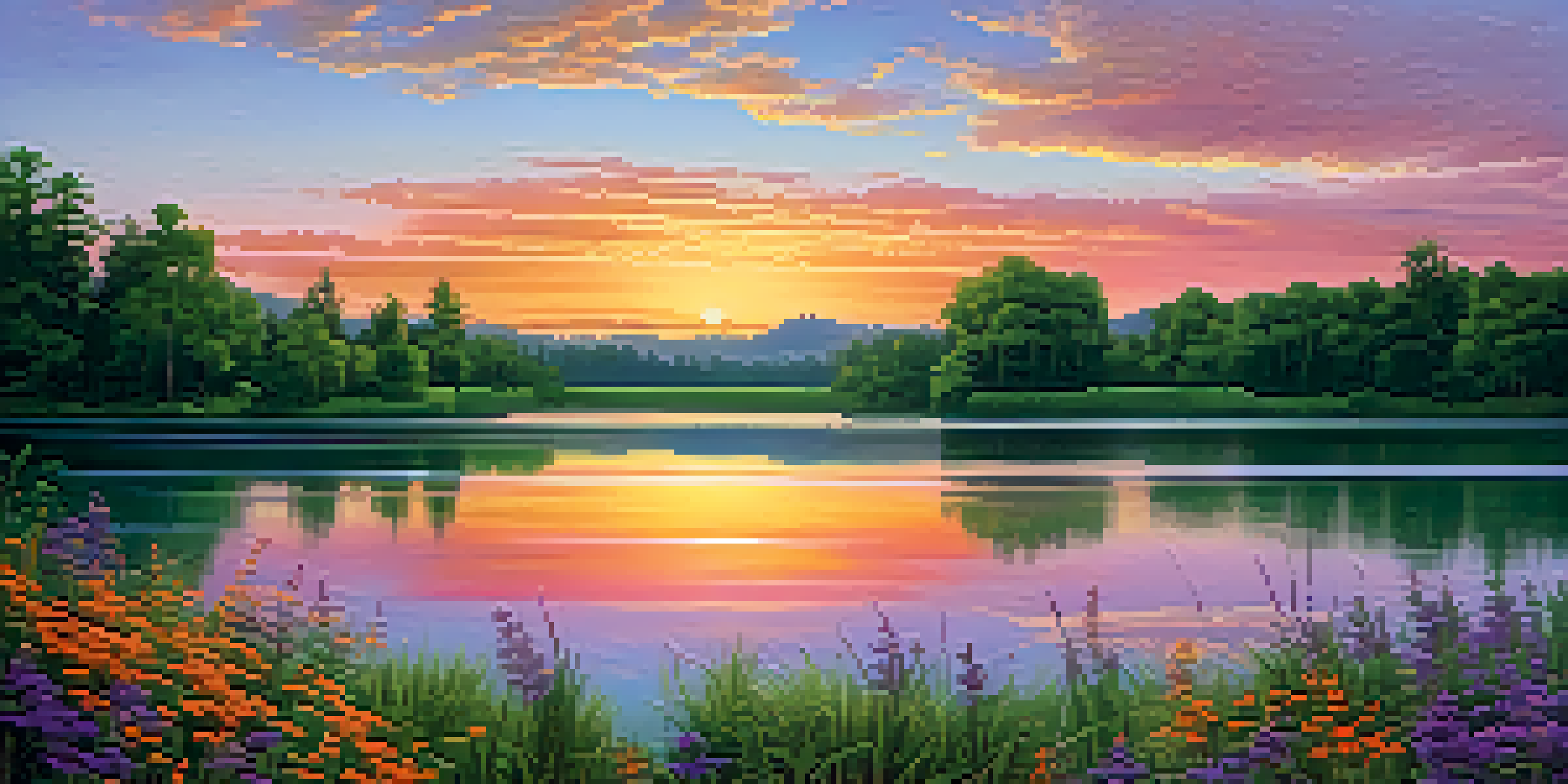 A tranquil lake at sunset, surrounded by trees and wildflowers, with colorful skies.
