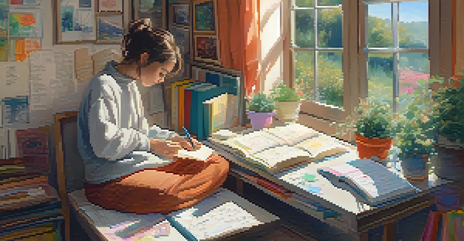 A person in a cozy nook writing in a sketchbook, surrounded by colorful sketches and a view of a tranquil garden.