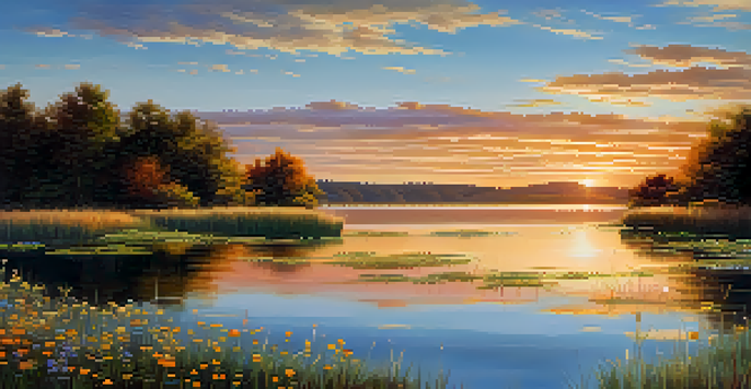 A beautiful sunrise over a calm lake with colorful wildflowers in the foreground.