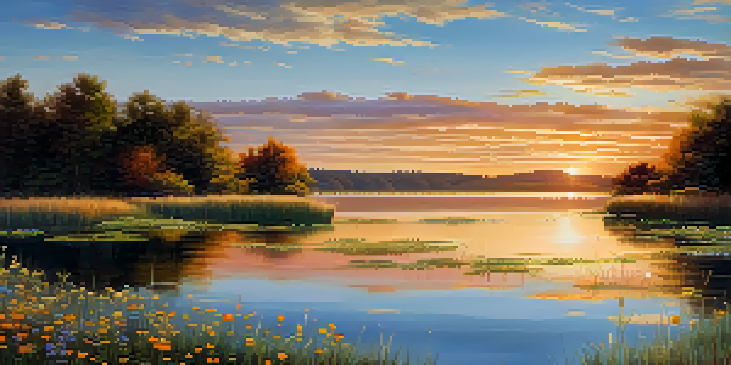 A beautiful sunrise over a calm lake with colorful wildflowers in the foreground.