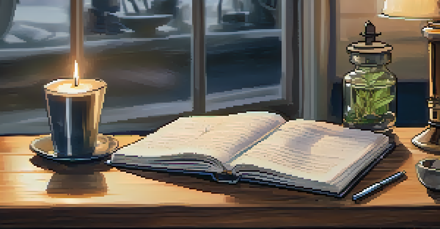 A close-up view of an open journal with handwritten notes, a lit candle, and a cup of tea on a wooden table.