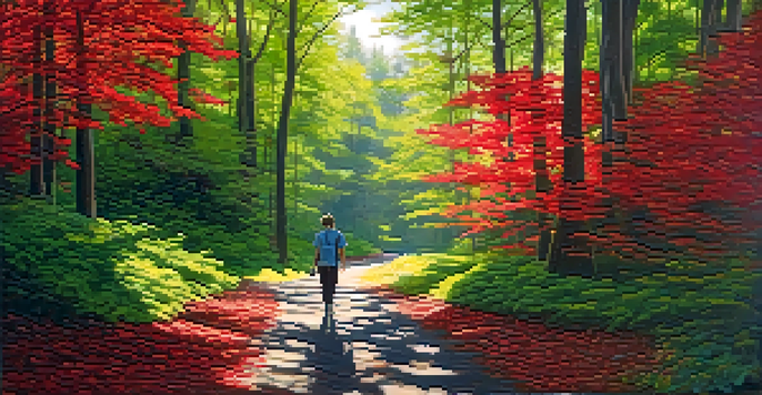 A person walking on a forest path, pausing to observe a red leaf while sunlight filters through the trees.