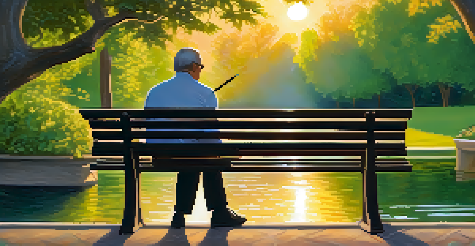 A leader reflecting in a park during sunset, surrounded by nature with a notebook in hand.
