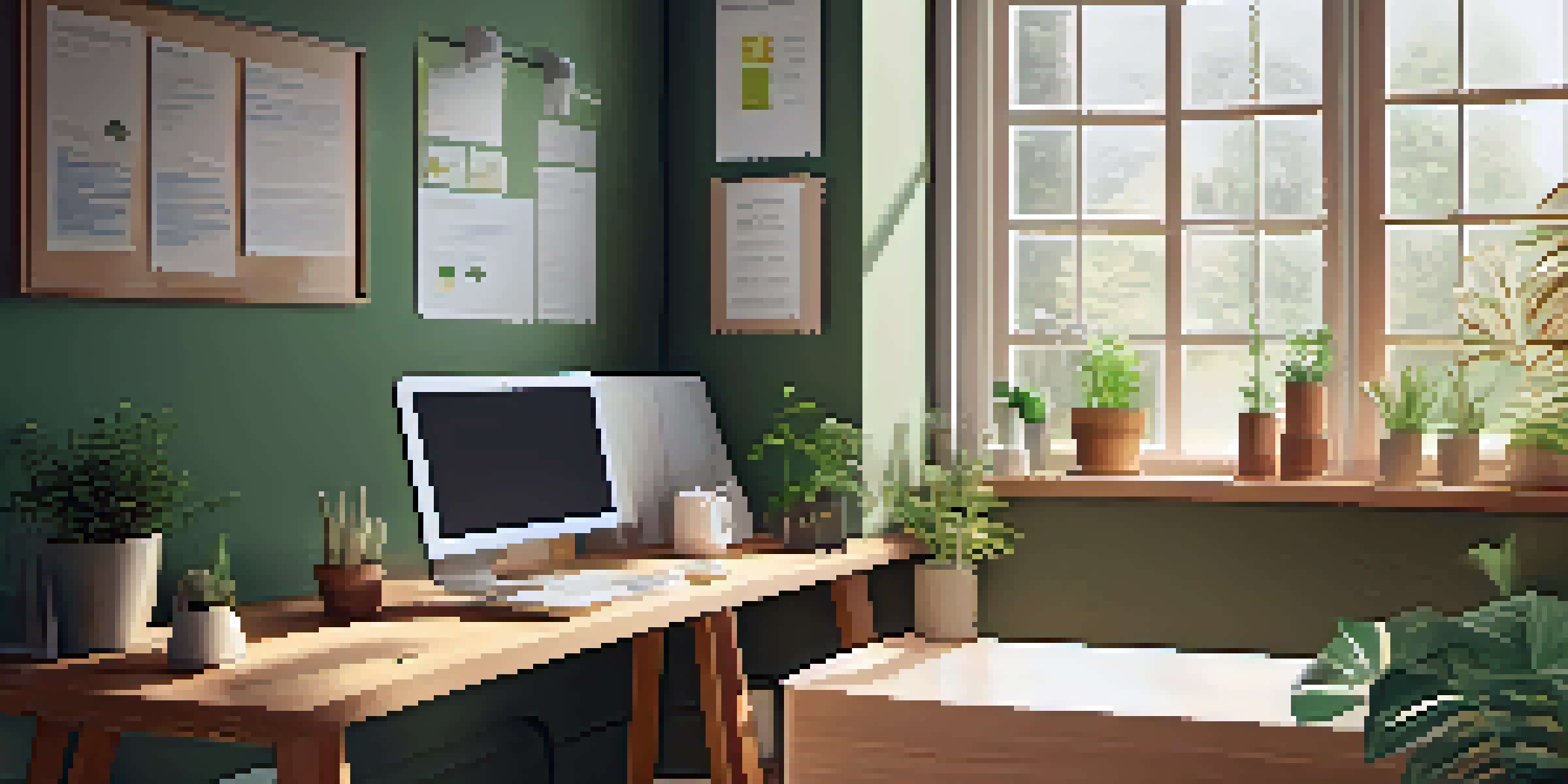 A cozy workspace with a laptop displaying a personal development app, surrounded by plants and motivational quotes, bathed in soft natural light.