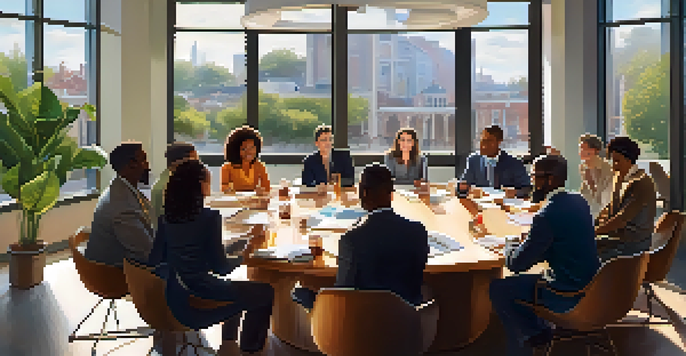 A diverse group of colleagues engaged in a lively discussion at a round table, showcasing effective communication with gestures and expressions under natural light.