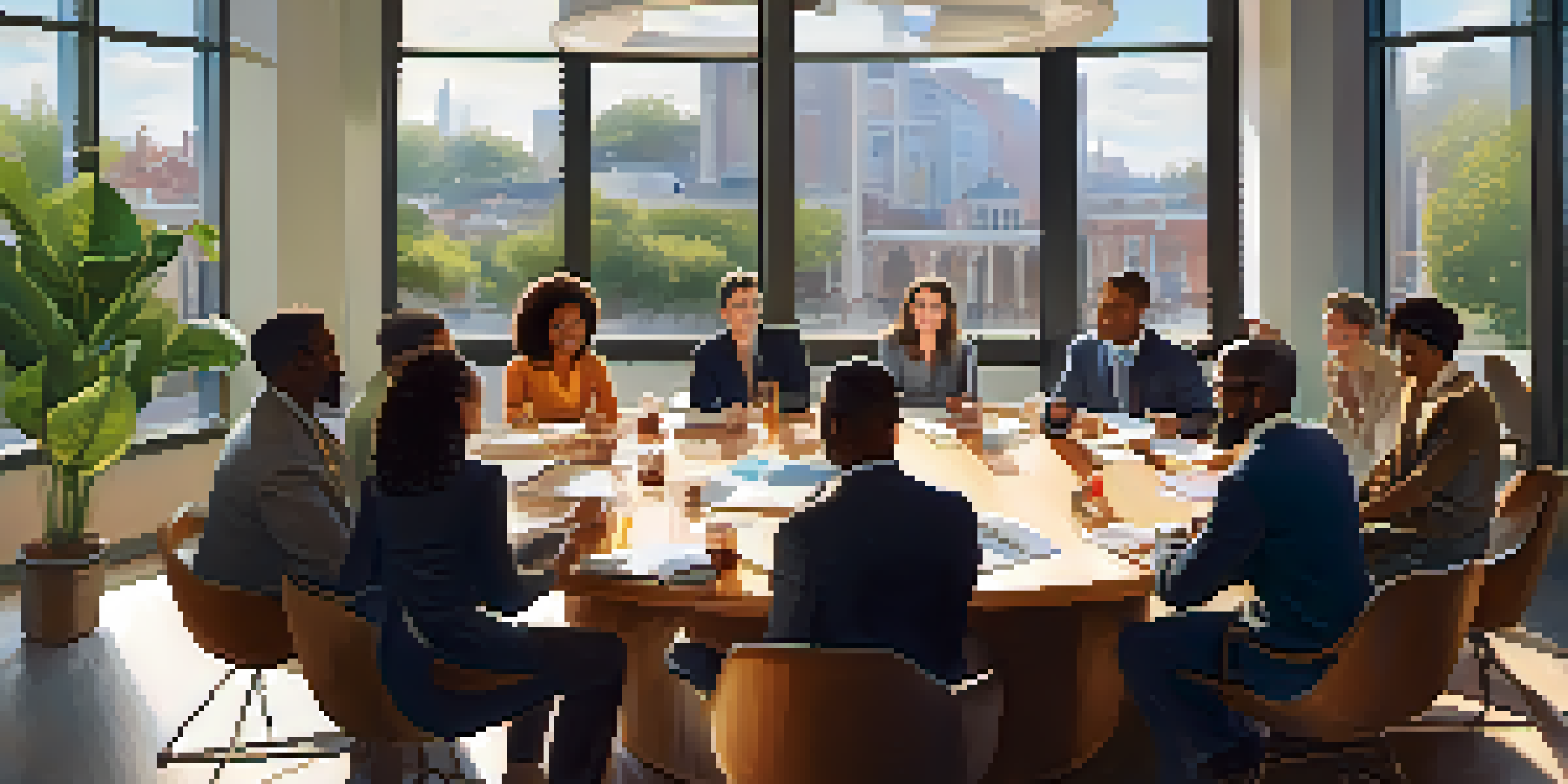 A diverse group of colleagues engaged in a lively discussion at a round table, showcasing effective communication with gestures and expressions under natural light.