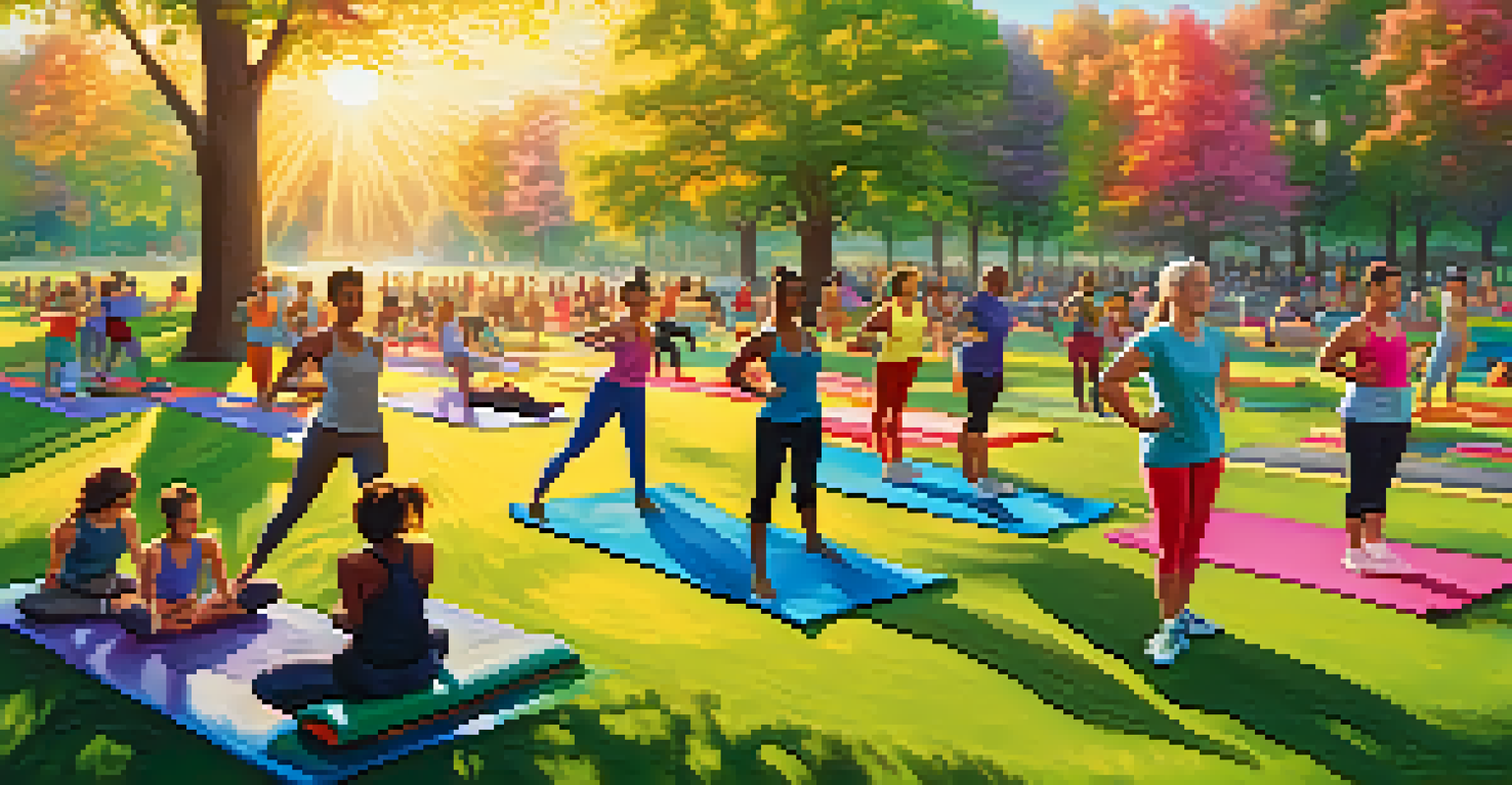 A diverse group of people exercising in a park at sunrise, surrounded by greenery and flowers, with a warm golden light.