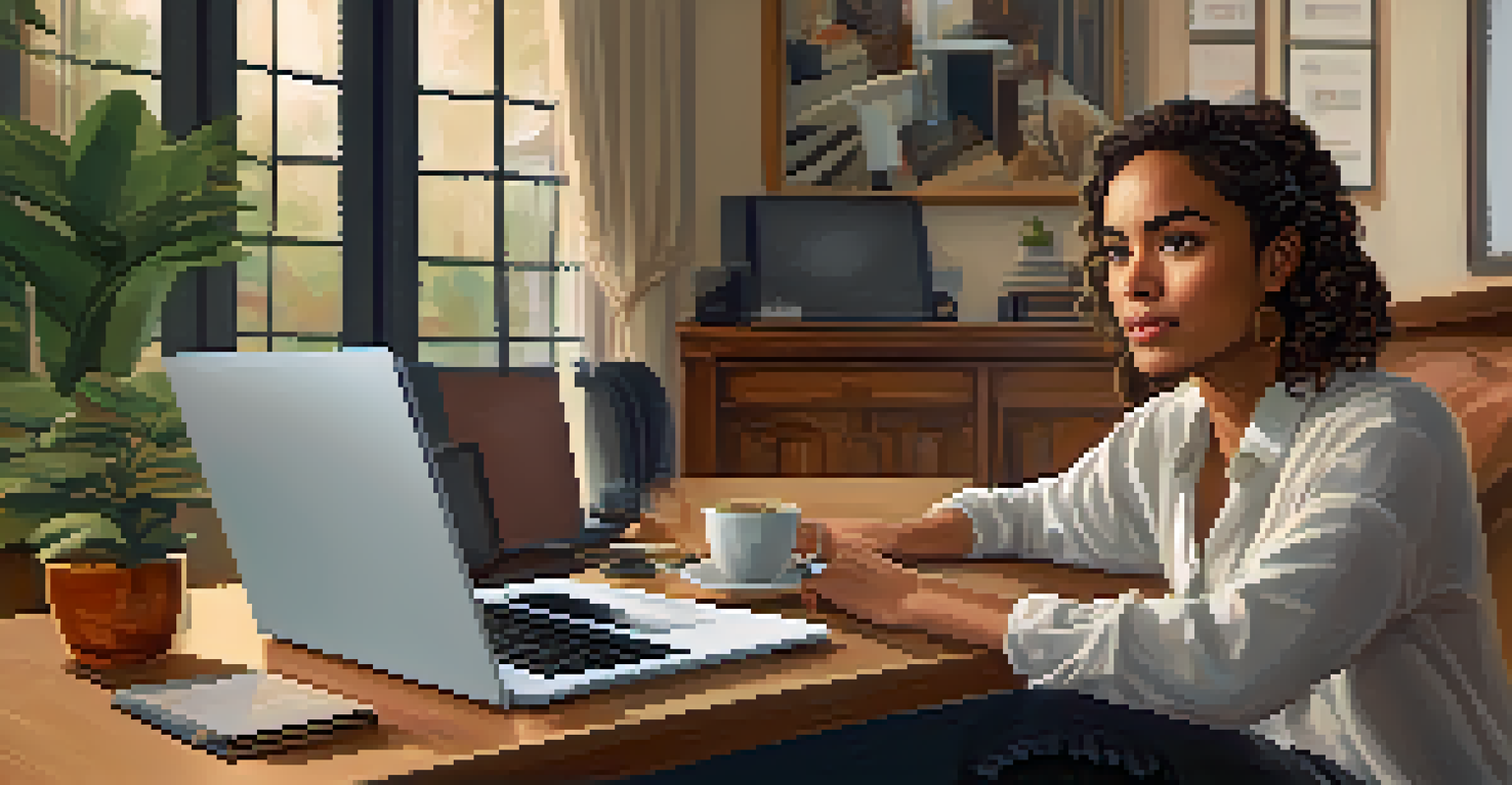 An individual in a cozy living room participating in a video call on a laptop, with notes and a coffee mug on the desk, and multiple people displayed on the screen.