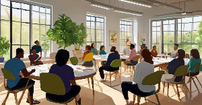 A diverse group of people sitting in a circle during a resilience training workshop, sharing experiences in a bright and inviting room.