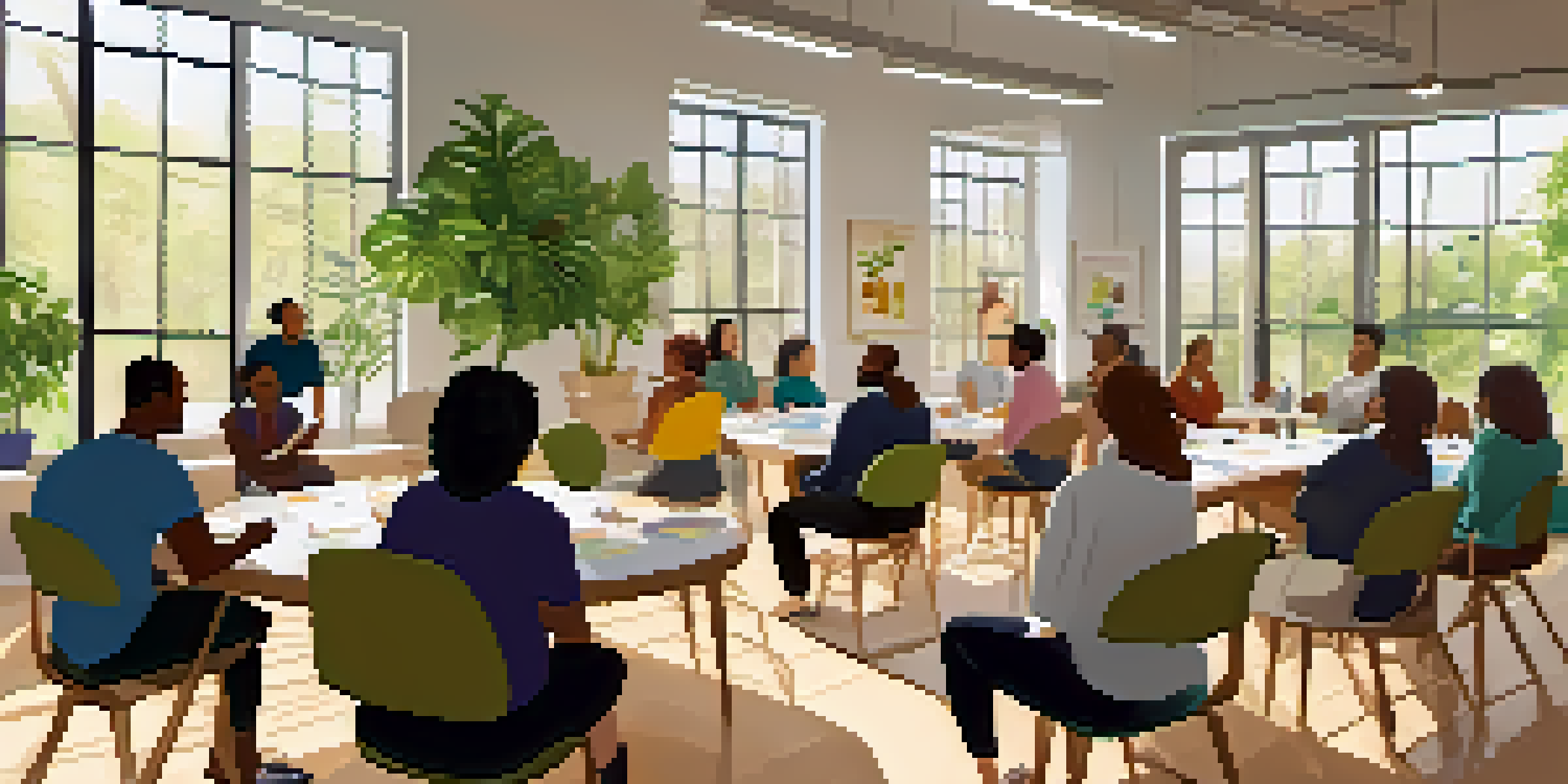 A diverse group of people sitting in a circle during a resilience training workshop, sharing experiences in a bright and inviting room.