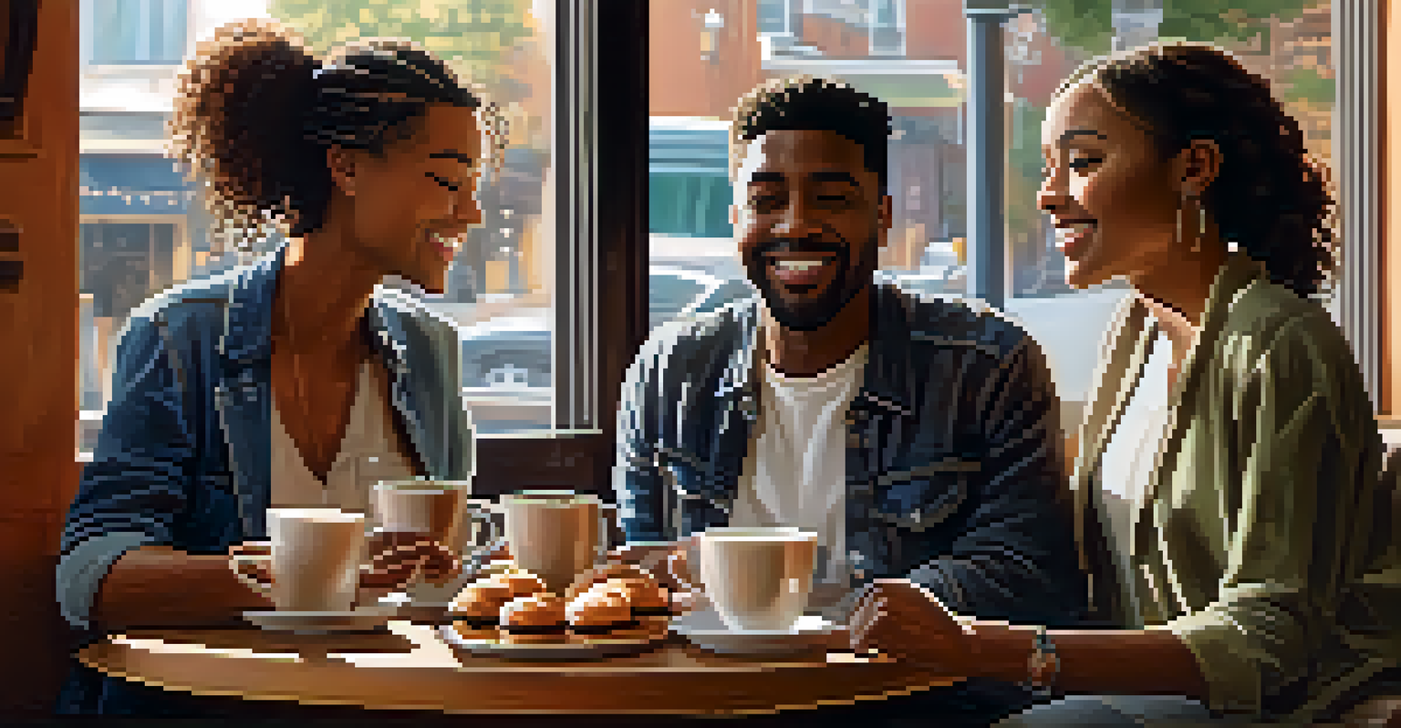 A diverse group of friends in a cozy coffee shop sharing heartfelt conversations over coffee, representing vulnerability and connection.