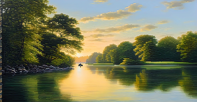A serene river at sunrise with golden reflections and a small boat, representing emotional agility and adaptability.